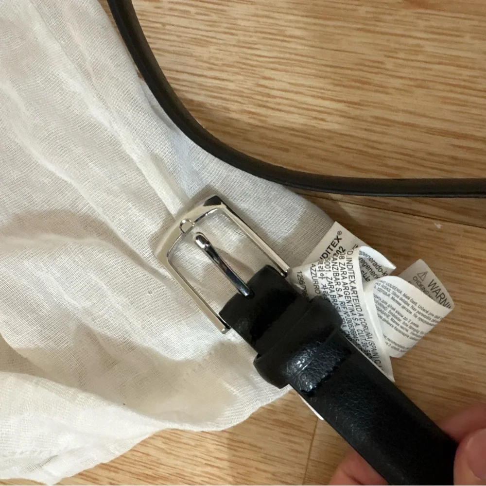 Zara Kids Black Leather Belt Squared Metal Buckle